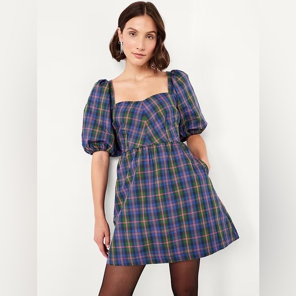 Old Navy Dresses & Skirts - NWT! Old Navy Puff-Sleeve Plaid Fit & Flare Taffeta Mini Dress - Multiple